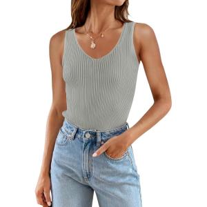 imageZESICA Womens Ribbed Tank Tops Summer Sleeveless V Neck Shirts Casual Sexy Slim Fitted Basic Knit TeesGrey