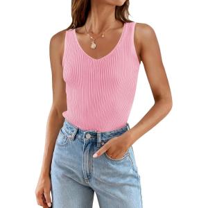 imageZESICA Womens Ribbed Tank Tops Summer Sleeveless V Neck Shirts Casual Sexy Slim Fitted Basic Knit TeesHotpink