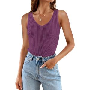imageZESICA Womens Ribbed Tank Tops Summer Sleeveless V Neck Shirts Casual Sexy Slim Fitted Basic Knit TeesPurple