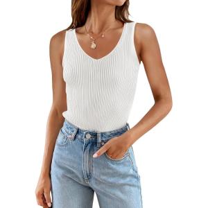 imageZESICA Womens Ribbed Tank Tops Summer Sleeveless V Neck Shirts Casual Sexy Slim Fitted Basic Knit TeesWhite
