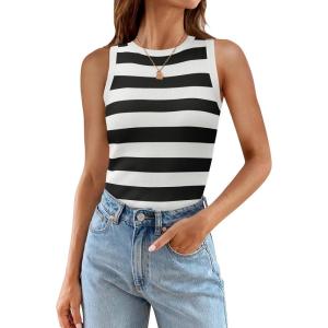 imageZESICA Womens Summer Knit Striped Tank Tops Trendy Crewneck Sleeveless ShirtsBlack