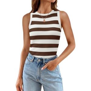 imageZESICA Womens Summer Knit Striped Tank Tops Trendy Crewneck Sleeveless ShirtsBrown
