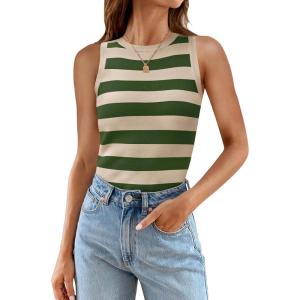 imageZESICA Womens Summer Knit Striped Tank Tops Trendy Crewneck Sleeveless ShirtsGreen