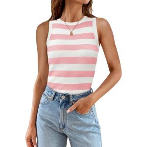 imageZESICA Womens Summer Knit Striped Tank Tops Trendy Crewneck Sleeveless ShirtsPink