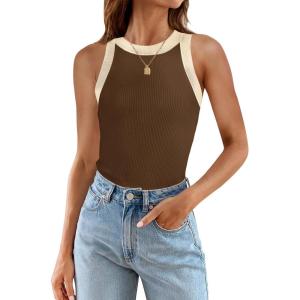 imageZESICA Womens Summer Sleeveless Tank Tops Ribbed High Neck Racerback Slim Fitted Color Block Casual ShirtsBrown