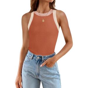 imageZESICA Womens Summer Sleeveless Tank Tops Ribbed High Neck Racerback Slim Fitted Color Block Casual ShirtsCoral