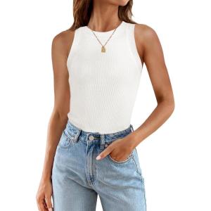 imageZESICA Womens Summer Sleeveless Tank Tops Ribbed High Neck Racerback Slim Fitted Color Block Casual ShirtsCream