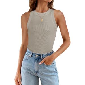 imageZESICA Womens Summer Sleeveless Tank Tops Ribbed High Neck Racerback Slim Fitted Color Block Casual ShirtsFlaxen