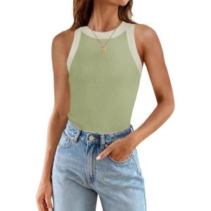 imageZESICA Womens Summer Sleeveless Tank Tops Ribbed High Neck Racerback Slim Fitted Color Block Casual ShirtsGreen