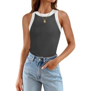 imageZESICA Womens Summer Sleeveless Tank Tops Ribbed High Neck Racerback Slim Fitted Color Block Casual ShirtsGrey