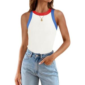 imageZESICA Womens Summer Sleeveless Tank Tops Ribbed High Neck Racerback Slim Fitted Color Block Casual ShirtsIvory