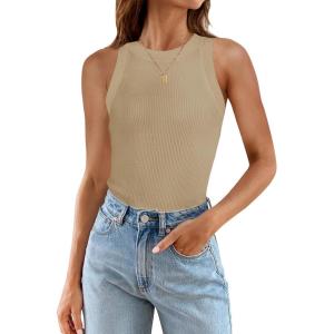 imageZESICA Womens Summer Sleeveless Tank Tops Ribbed High Neck Racerback Slim Fitted Color Block Casual ShirtsKhaki