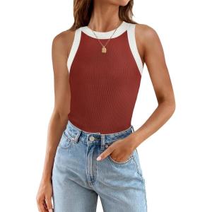 imageZESICA Womens Summer Sleeveless Tank Tops Ribbed High Neck Racerback Slim Fitted Color Block Casual ShirtsRed