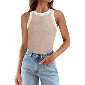 imageZESICA Womens Summer Sleeveless Tank Tops Ribbed High Neck Racerback Slim Fitted Color Block Casual ShirtsSand