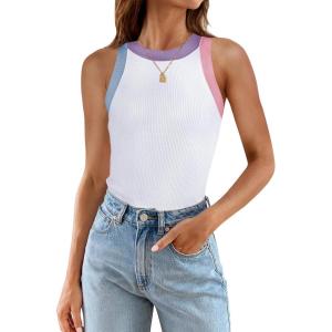 imageZESICA Womens Summer Sleeveless Tank Tops Ribbed High Neck Racerback Slim Fitted Color Block Casual ShirtsWhite