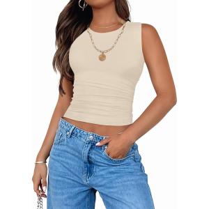 imageZESICA Womens Summer Tank Tops 2025 Sleeveless Crewneck Knit Slim Fitted Side Ruched Casual Basic ShirtApricot