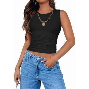 imageZESICA Womens Summer Tank Tops 2025 Sleeveless Crewneck Knit Slim Fitted Side Ruched Casual Basic ShirtBlack