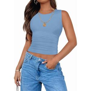 imageZESICA Womens Summer Tank Tops 2025 Sleeveless Crewneck Knit Slim Fitted Side Ruched Casual Basic ShirtBlue