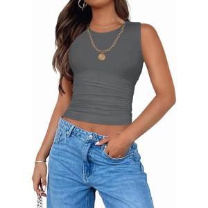 imageZESICA Womens Summer Tank Tops 2025 Sleeveless Crewneck Knit Slim Fitted Side Ruched Casual Basic ShirtCharcoal
