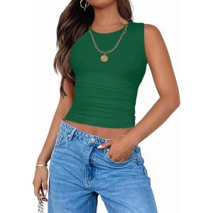 imageZESICA Womens Summer Tank Tops 2025 Sleeveless Crewneck Knit Slim Fitted Side Ruched Casual Basic ShirtGreen