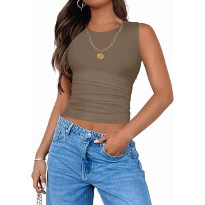 imageZESICA Womens Summer Tank Tops 2025 Sleeveless Crewneck Knit Slim Fitted Side Ruched Casual Basic ShirtMocha