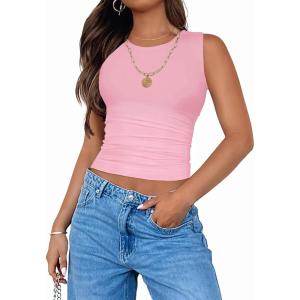 imageZESICA Womens Summer Tank Tops 2025 Sleeveless Crewneck Knit Slim Fitted Side Ruched Casual Basic ShirtPink