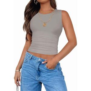 imageZESICA Womens Summer Tank Tops 2025 Sleeveless Crewneck Knit Slim Fitted Side Ruched Casual Basic ShirtSmoke