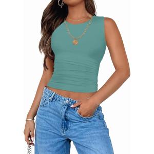 imageZESICA Womens Summer Tank Tops 2025 Sleeveless Crewneck Knit Slim Fitted Side Ruched Casual Basic ShirtTeal