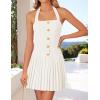 imageZESICA Summer Halter Neck Mini Dress 2025 Sexy Sleeveless Pleated A Line Swing Cocktail Party Short DressesIvory