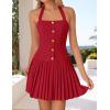 imageZESICA Summer Halter Neck Mini Dress 2025 Sexy Sleeveless Pleated A Line Swing Cocktail Party Short DressesRed