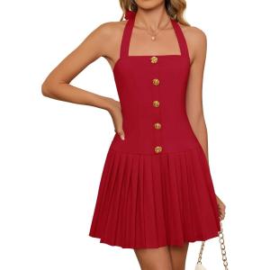 imageZESICA Summer Halter Neck Mini Dress 2025 Sexy Sleeveless Pleated A Line Swing Cocktail Party Short DressesRed