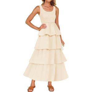 imageZESICA Womens 2025 Summer Boho Sleeveless Midi Dress Scoop Neck Ruffle Tiered Layered Swing Long Beach Vacation DressesApricot