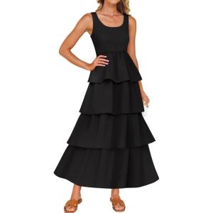 imageZESICA Womens 2025 Summer Boho Sleeveless Midi Dress Scoop Neck Ruffle Tiered Layered Swing Long Beach Vacation DressesBlack