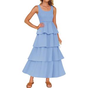 imageZESICA Womens 2025 Summer Boho Sleeveless Midi Dress Scoop Neck Ruffle Tiered Layered Swing Long Beach Vacation DressesBlue