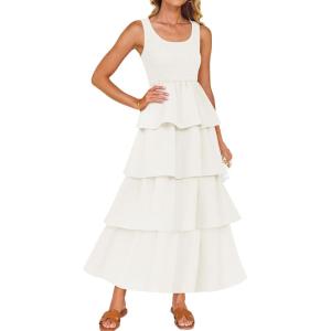 imageZESICA Womens 2025 Summer Boho Sleeveless Midi Dress Scoop Neck Ruffle Tiered Layered Swing Long Beach Vacation DressesIvory