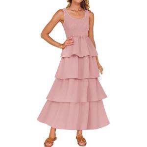 imageZESICA Womens 2025 Summer Boho Sleeveless Midi Dress Scoop Neck Ruffle Tiered Layered Swing Long Beach Vacation DressesPink