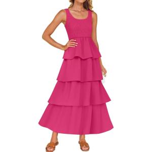 imageZESICA Womens 2025 Summer Boho Sleeveless Midi Dress Scoop Neck Ruffle Tiered Layered Swing Long Beach Vacation DressesRose