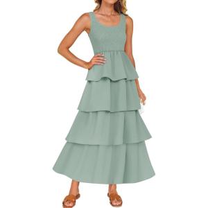 imageZESICA Womens 2025 Summer Boho Sleeveless Midi Dress Scoop Neck Ruffle Tiered Layered Swing Long Beach Vacation DressesSage