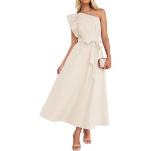 imageZESICA Womens 2025 Summer One Shoulder Ruffle Dress Sleeveless Empire Waist Boho Flowy Maxi DressesApricot