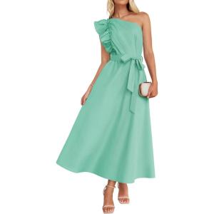 imageZESICA Womens 2025 Summer One Shoulder Ruffle Dress Sleeveless Empire Waist Boho Flowy Maxi DressesAqua