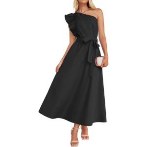 imageZESICA Womens 2025 Summer One Shoulder Ruffle Dress Sleeveless Empire Waist Boho Flowy Maxi DressesBlack