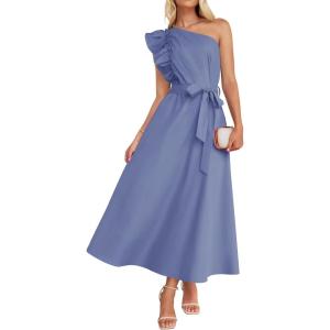 imageZESICA Womens 2025 Summer One Shoulder Ruffle Dress Sleeveless Empire Waist Boho Flowy Maxi DressesDustyblue