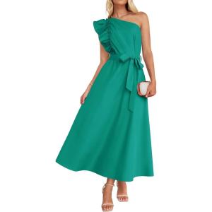 imageZESICA Womens 2025 Summer One Shoulder Ruffle Dress Sleeveless Empire Waist Boho Flowy Maxi DressesGreen