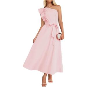 imageZESICA Womens 2025 Summer One Shoulder Ruffle Dress Sleeveless Empire Waist Boho Flowy Maxi DressesPink