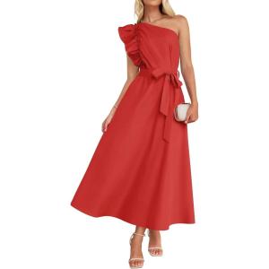 imageZESICA Womens 2025 Summer One Shoulder Ruffle Dress Sleeveless Empire Waist Boho Flowy Maxi DressesWatermelonred