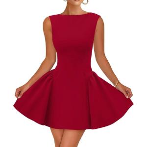 imageZESICA Womens Sexy Backless Cocktail Mini Dress Sleeveless Boat Neck Swing A Line Wedding Club Party Tank DressesRed