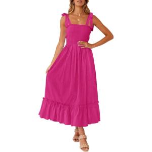 imageZESICA Womens 2025 Summer Boho Spaghetti Strap Square Neck Solid Color Ruffle A Line Beach Long Maxi DressRose