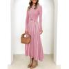 imageZESICA Womens Spring Turtleneck Long Sleeve Sweater Dress Tie Waist Casual Loose Ribbed Knit A Line Midi DressesPink