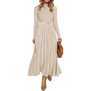 imageZESICA Womens Spring Turtleneck Long Sleeve Sweater Dress Tie Waist Casual Loose Ribbed Knit A Line Midi DressesApricot