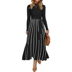 imageZESICA Womens Spring Turtleneck Long Sleeve Sweater Dress Tie Waist Casual Loose Ribbed Knit A Line Midi DressesBlack